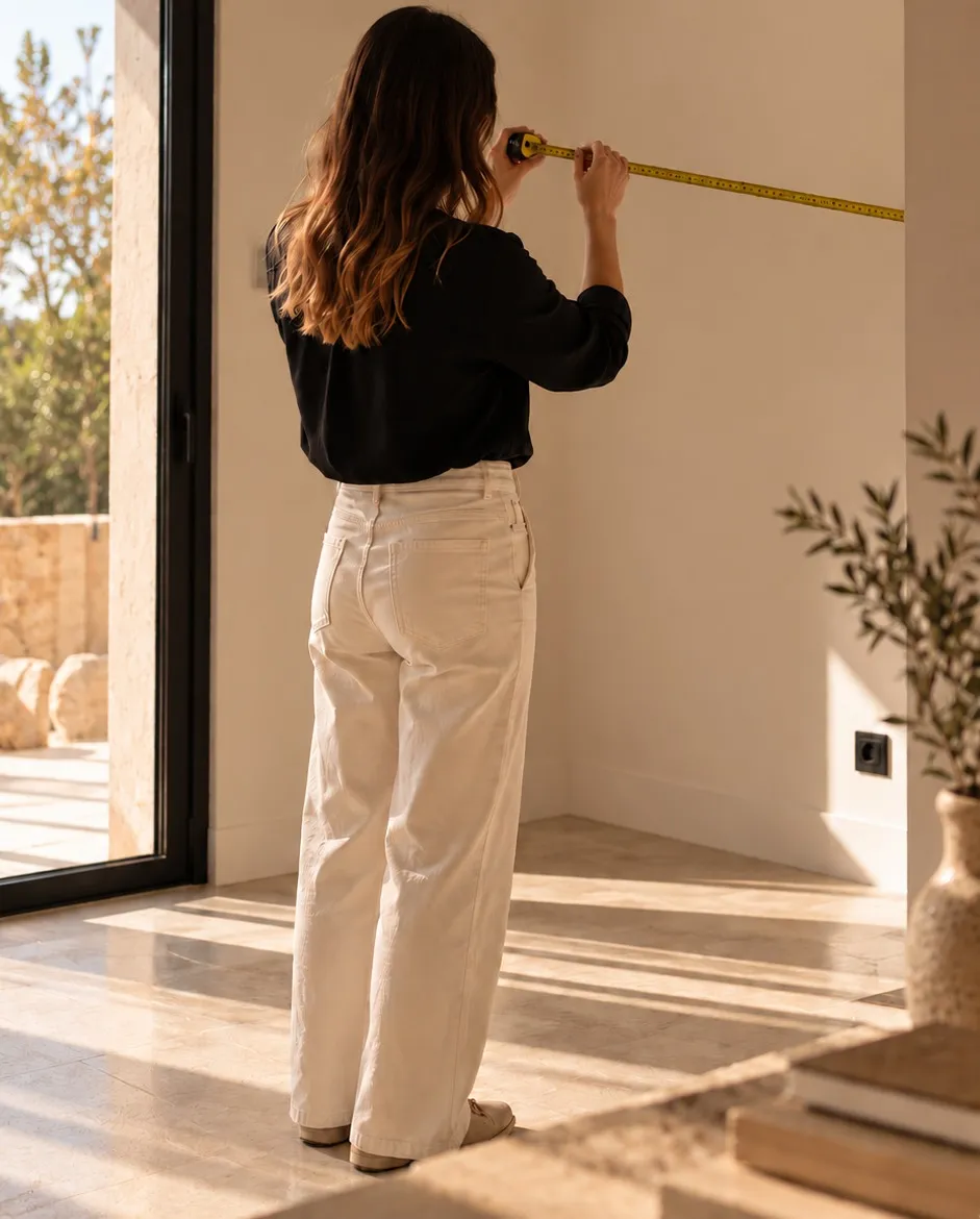 Interior designer measuring a wall with a tape measure next to a large window in a bright home with a potted olive tree