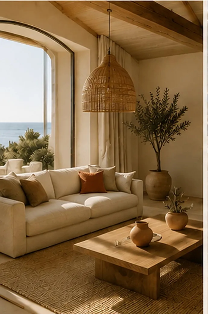 Mediterranean living room with a rattan pendant, linen sofa and natural light from a large window