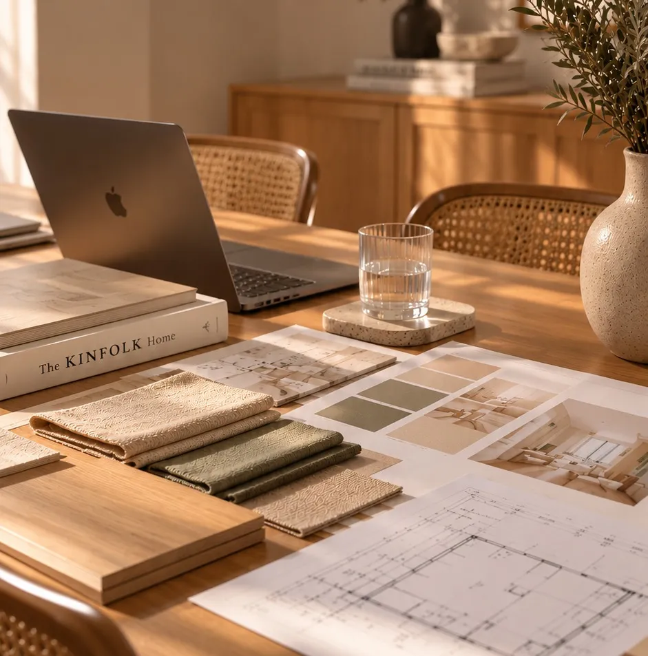 Studio table with floor plans, laptop, fabric and wood samples in afternoon light