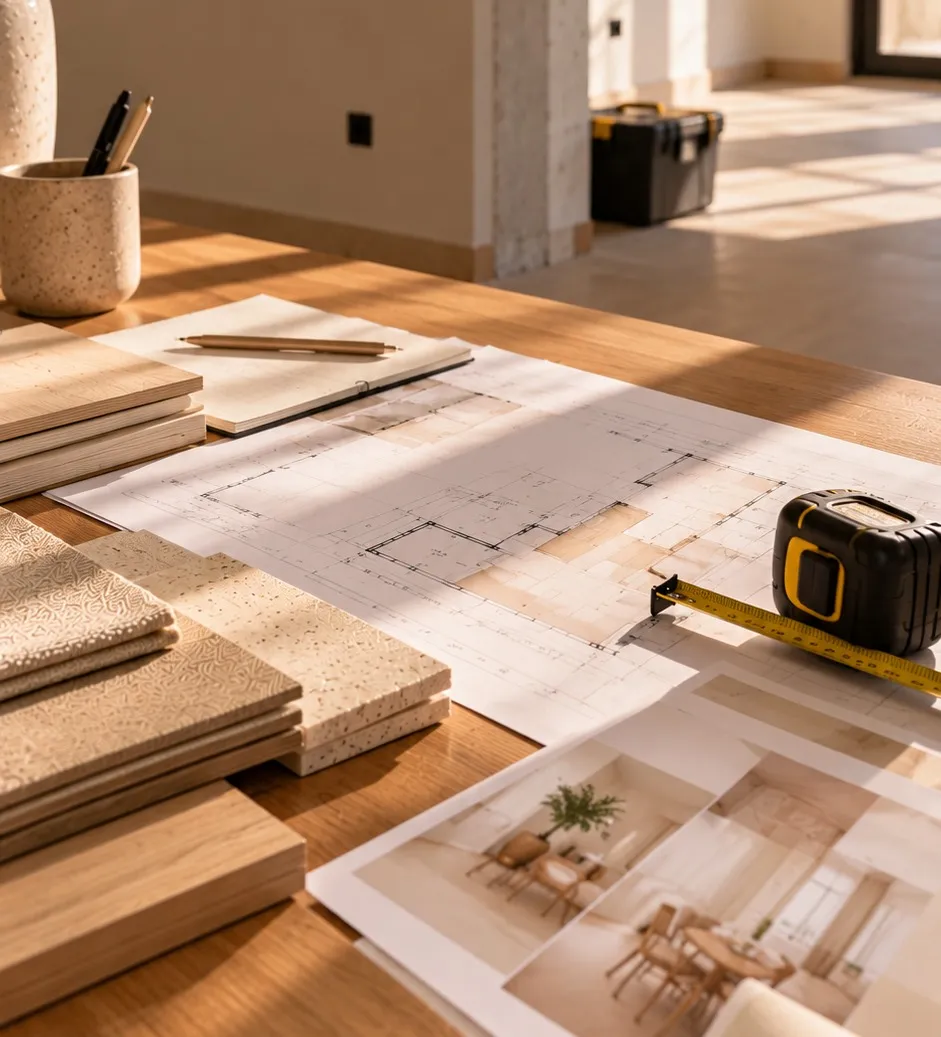 Floor plans, wood samples and a tape measure on the work table